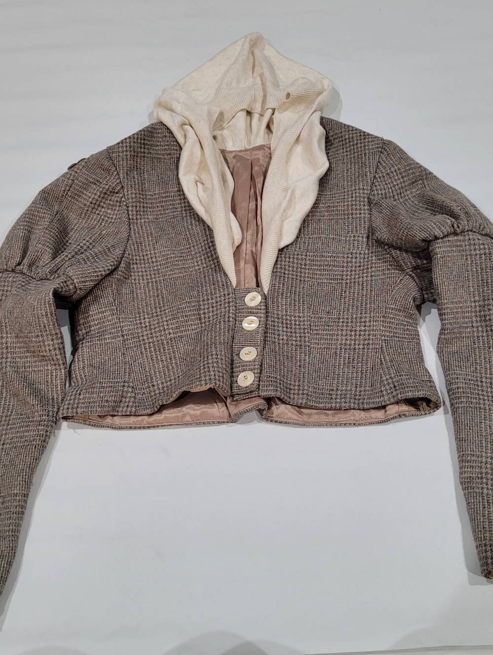 vintage Brown plaid cropped jacket with hood and button-up front